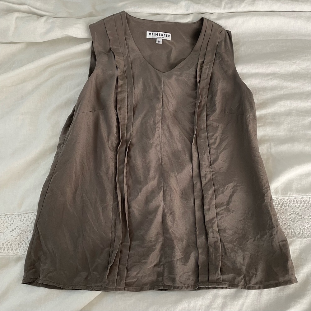 Of Mercer MEDIUM 100% Silk Tank Top V neck pleated detail
